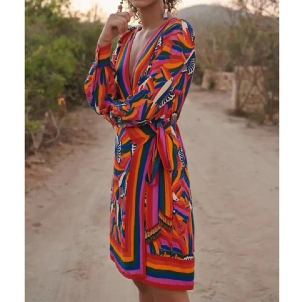 Anthro x Farm Rio Rainbow Toucan Wrap Dress - Picture 3 of 15